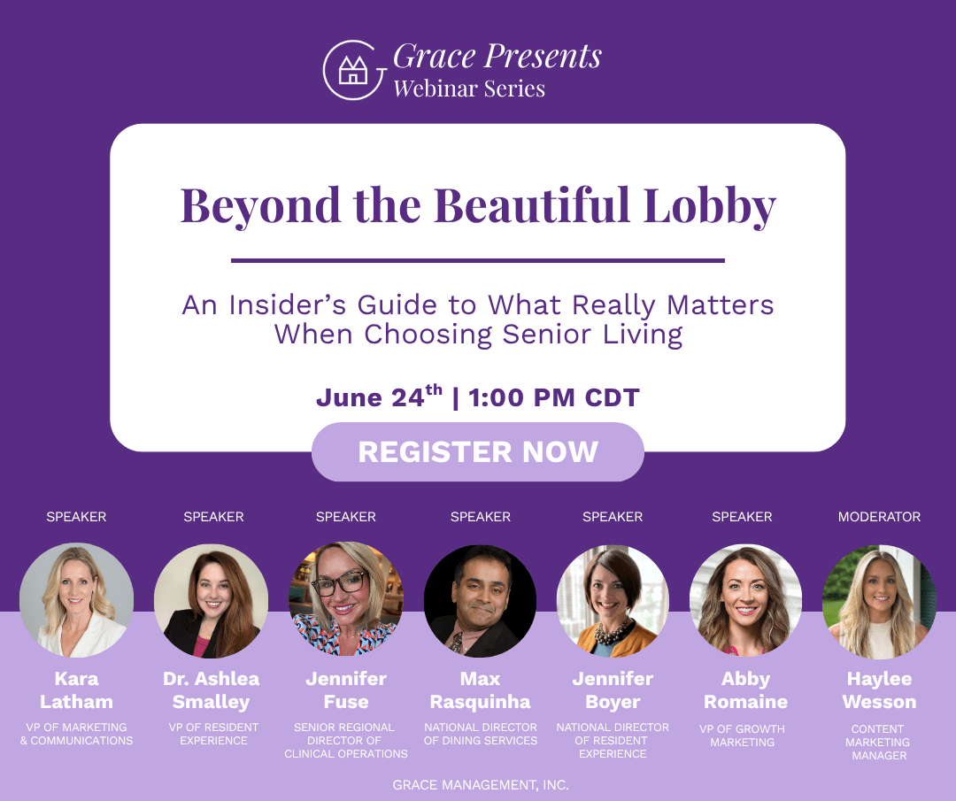 Poster for Grace Presents Webinar Series: 'Beyond the Beautiful Lobby' with date June 24, 1:00 PM CDT; 'Register Now'; speakers listed with names and titles.